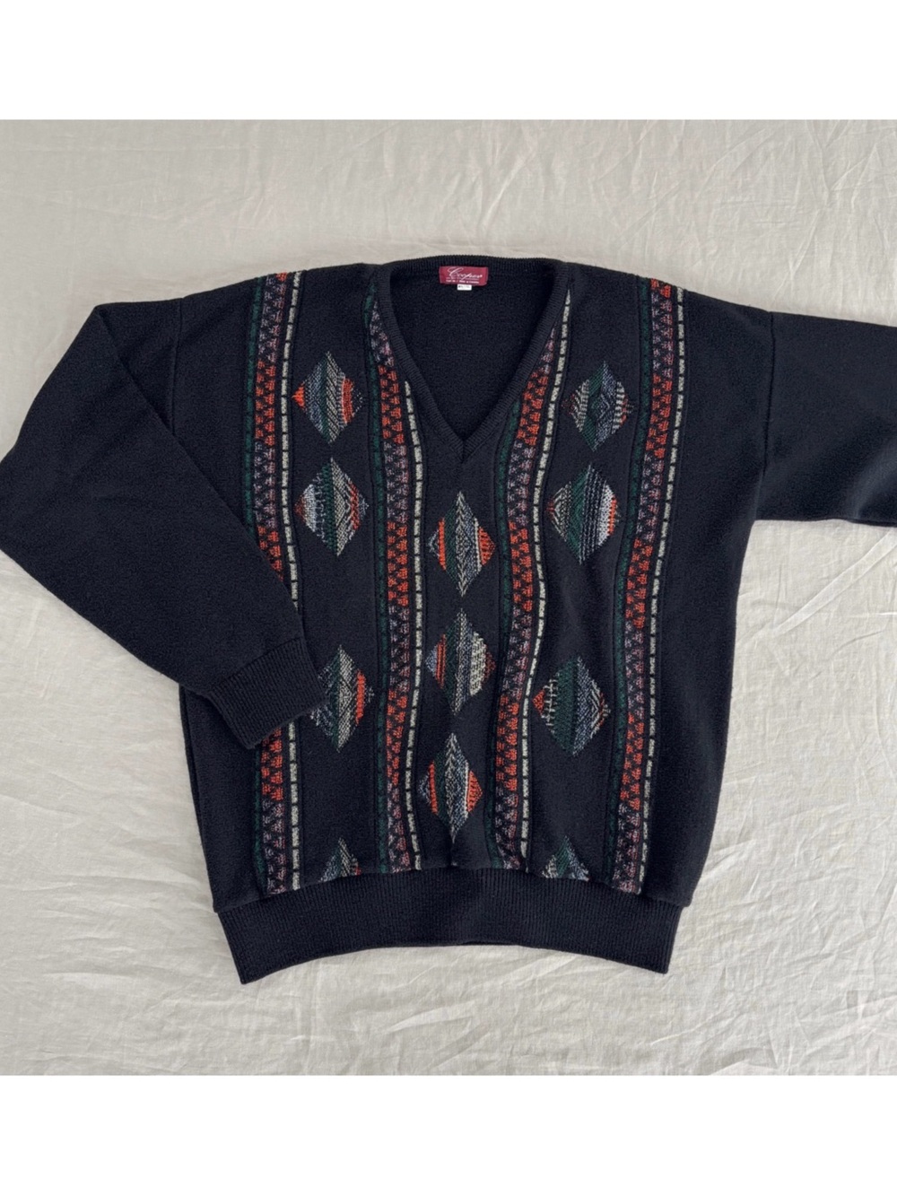 Vintage 90s retro printed knit v neck sweater